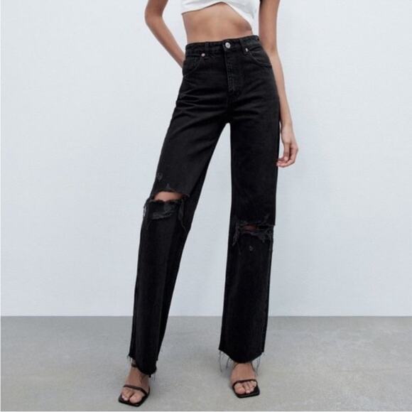 Zara Black Distressed High Rise Mom Jeans - Picture 1 of 9